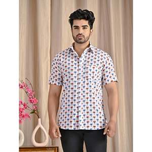 Camisa Casual 100% Algodón con Estampado Digital, Blanca, Manga Corta, Tejido Popelina, Transpirable y Suave, Talla XL - Product Image 3