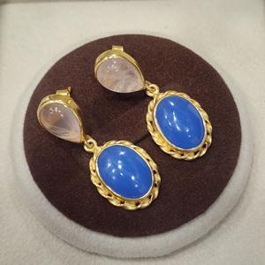 Plata de Ley 925, piedra preciosa con forma de lágrima ovalada Natural, excelente calidad, Cuarzo Rosa, zafiro azul, diseño hecho a mano, chapado en oro - Product Image 3