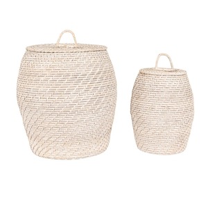 Juego de 2 cestas redondas de ratán con tapas, cestas de almacenamiento hechas a mano, venta al por mayor, ecológicas, hechas en Vietnam - Product Image 1