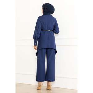 Ensemble décontracté deux pièces indigo MSW19001-2 Hauts longs mi-longueur et pantalons Col rond Manches longues Coupe classique Tissu 100% polyester Tailles XXL XL - Product Image 4