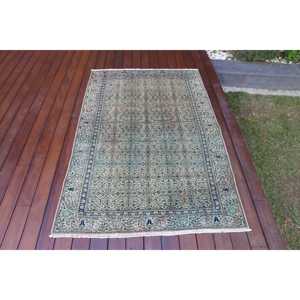 Alfombra Vintage de 3.5x5.5 pies, Alfombra Turca con Detalles, Alfombra Ikat Azul Verde - Product Image 1