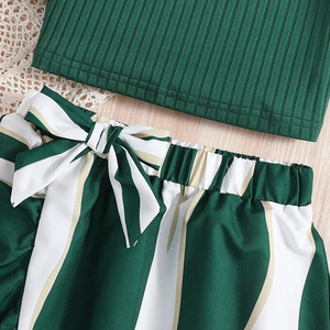 8-12Ys Vestido de niña Verano Nuevas niñas Top verde Falda de rayas verdes Conjunto de dos piezas Vacaciones Diario Casual - Product Image 5