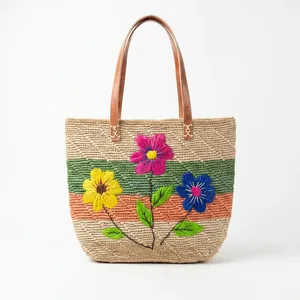 Bolso Tote de Rafia Bordado con Diseño de Baobab y Árbol Floral, Estilo Bohemio, para Playa, Verano, Abierto - Product Image 4