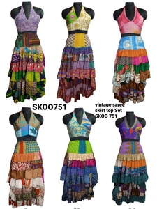 Conjunto de Falda y Top con Volantes de Sari de Seda Natural Transpirable Bordado Estilo Boho Vintage Indio, Diseño Moderno y Elegante hasta el Suelo - Product Image 4