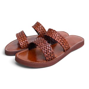 Brown Woven Flat <b>Sandals</b> Women Slip <b>on</b> Leather Look <b>Slides</b> Casual Beach Outdoor Lightweight Breathable Comfortable Shoes - Product Image 1