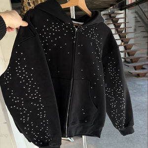 Sudaderas con capucha de los hombres de diamantes de imitación con cremallera completa hasta 100% algodón de gran tamaño de impresión personalizada sudaderas con capucha de peso pesado para los hombres - Product Image 1