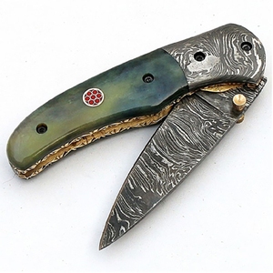 Customizable Damascus Folding Pocket Knife <b>Belt</b> Holster <b>Leather</b> <b>Pouch</b> Wood Handle OEM Display Logo Printed Folding Knives - Product Image 3