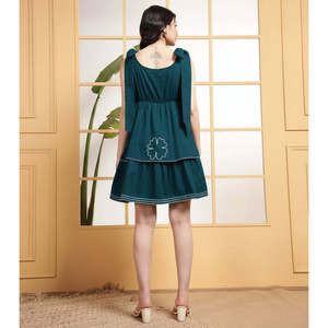 Deebaco Women's Teal Cotton Sleeveless Above Knee A-Line <b>Dress</b> With Floral Embroidery Square Neck <b>Loose</b> Fit Casual Summer Wear - Product Image 4
