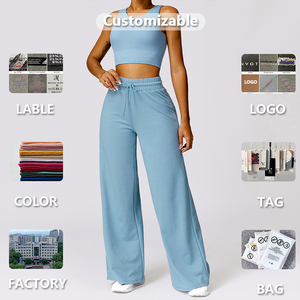 Gran oferta, camiseta sin mangas de Fitness y pantalones acampanados con cordón, conjunto de Yoga para gimnasio, ropa deportiva de Fitness aerodinámica, conjuntos de mujer, servicio OEM - Product Image 5