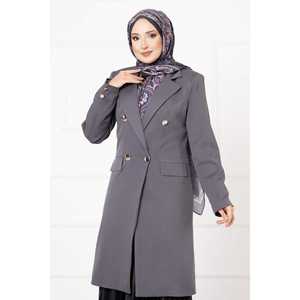 Chaqueta Larga Gris Humo para Mujer con Cuello de Pañuelo, Tejido Moderno, Forro de Poliéster, Tallas XS-XL para Otoño - Product Image 2