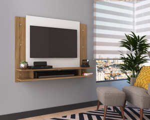 Meuble TV de style moderne JANAINA en bois, mobilier de chambre et de salon de style farmhouse, en panneaux de particules, couleur naturelle/blanc, design brésilien - Product Image 5