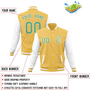 Veste de sport personnalisée en lettres varsity dorées jaunes blanches vertes, veste bomber personnalisée avec le nom de l'équipe, le numéro, le logo, vêtements de sport athlétiques - Product Image 4