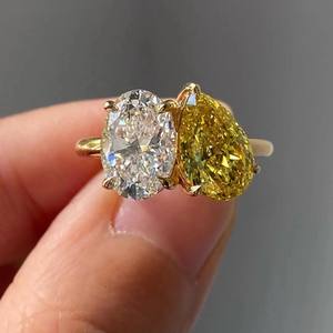5.00 Ct Fancy Vivid Yellow and White Color Pear and Oval Shape Lab Grown Diamond Engagement <b>Ring</b> in <b>14k</b> <b>Gold</b> toi et moi <b>ring</b> - Product Image 3