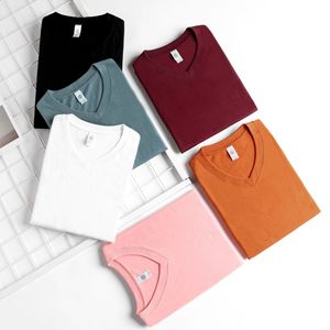 Verano suelto 210g 100% algodón cuello en V en blanco manga corta Camiseta Unisex mujeres hombres logotipo personalizado camiseta lisa para hombres - Product Image 6