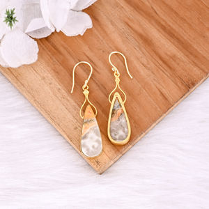 Bumble <b>Bee</b> Jasper Pear Gemstone Yellow Gold Plated Brass Dangler Earrings Classic Engagement Wedding Gift <b>Jewelry</b> Elegant Brass - Product Image 4