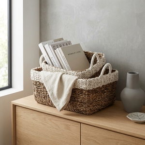 Natural Banana Bark Recycled Plastic Storage <b>Basket</b> Set White Rim <b>Rectangular</b> Arch Handle Shelf Box Setup Decor Pure Art Design - Product Image 4