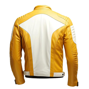 Men's Mustard White Genuine Sheepskin Stand Collar Windproof Winter Racing Motorbike Jacket Lightweight Smooth - Product Image 4