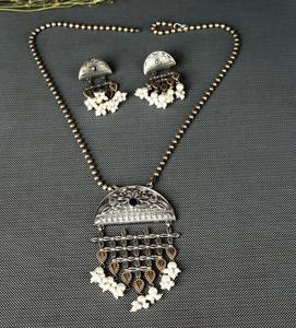 Oxidised <b>Silver</b> Choker <b>Necklace</b> <b>Earring</b> <b>Set</b> Women Indian Jewelry Gift for her - Product Image 2