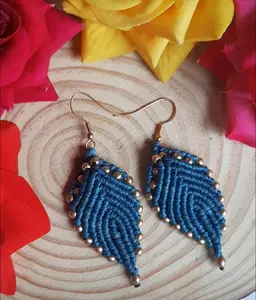 New Amazing Design Leaf Shapes Macrame Dangle Earring Indigo Color Thread With Golden Beads Dangle Earring For Birthday Gift