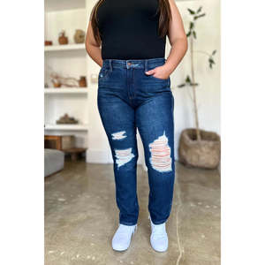 Jeans Judy Blue a Vita Alta, Modello Rigido Magic Heavy Destroy, Gamba Dritta, Denim a Taglia Intera con Decorazione Unica a Fori - Product Image 2