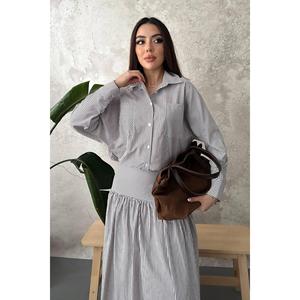 Camisa a Rayas Marrón para Mujer Elisa Fashion con Corsé y Falda Fruncida - Product Image 3