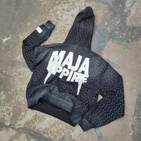 Sudadera con capucha y estampado de diamantes de imitación con lavado ácido, estilo oversize, para invierno, ropa urbana, peso medio, con logo personalizado, de moda