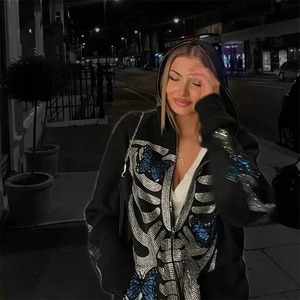 <b>Butterfly</b> Gothic Graphic Print Knitted Women Y2K Rhinestones Zip up Hoodies Streetwear Sweatshirts Hip Hop <b>Tops</b> Harajuku Casual - Product Image 6