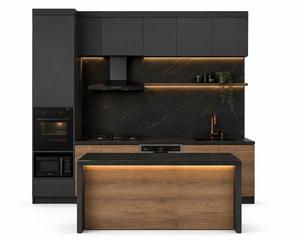 Meubles de cuisine modulaires en bois massif laqué noir moderne avec éclairage LED, robinet, tiroirs coulissants, charnières, évier et design contemporain - Product Image 4