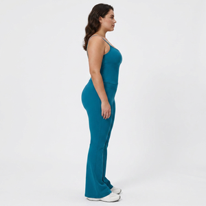 Women's Seamless Yoga <b>Set</b> <b>Square</b> Neck Spaghetti Strap High Waist Full Length Solid Teal Two Piece Activewear - Product Image 5
