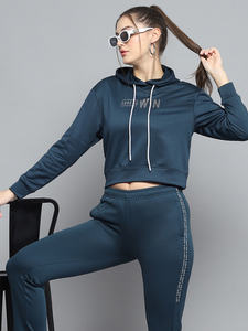 Ensemble de survêtements 2 pièces pour femmes à motif solide bleu sarcelle pantalon de survêtement à capuche respirant sur toute la longueur pour l'hiver écologique - Product Image 5