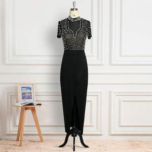 Robes de soirée élégantes noires pour femmes, en satin moulant avec perles et patchwork, taille naturelle, collection printemps - Product Image 5