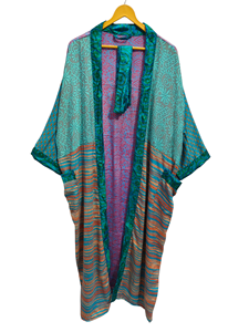 Albornoz de seda Bata de verano Bikini Cover Up Ropa de noche Bata larga, Kimono Sari de seda reciclado vintage indio hecho a mano, - Product Image 4