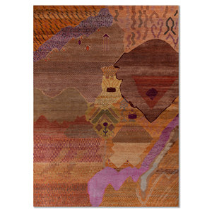 Alfombra Manchaha de Lana y Seda de Bambú con Patrón Abstracto Anudada a Mano en Rojo y Naranja - Para Uso Doméstico Les-1257 - Product Image 1