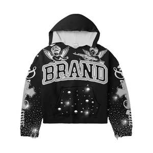 Sudadera con Capucha Corta Personalizada con Logotipo de Marca para Hombre 2025, Sudadera Informal con Pedrería, Efecto Desgastado y Decolorado por el Sol, Talla Grande Unisex - Product Image 2