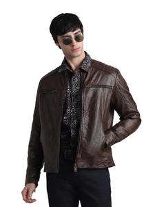 Chaqueta Bomber de Cuero Genuino Marrón Oscuro para Hombre, Chaqueta de Motociclista con Hombros Acolchados, Cierre de Cremallera, Transpirable, Informal, para Invierno - Product Image 3