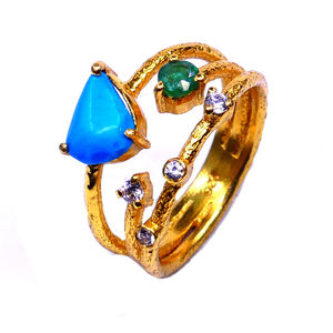 Bague en argent sterling 925 plaqué or classique turquoise émeraude topaze blanche pierres précieuses mode - Product Image 1