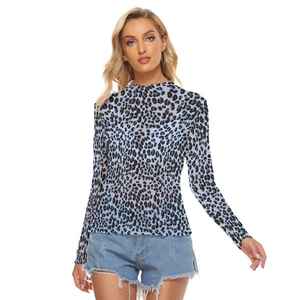 Camiseta de Manga Larga de Malla Transparente de Alta Calidad para Mujer, Estampado de Leopardo Azul, Ligera, Transparente, Ajustada - Product Image 5