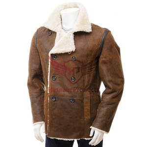 Timeless Style Warmth <b>Men's</b> Tan <b>Shearling</b> Sheepskin Peacoat - Classic Design for Winter Comfort & Durability - Product Image 1