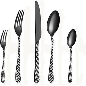 Juego de 5 cubiertos de acero inoxidable, utensilios de cocina ideales, mesa de café, hogar, cubiertos recubiertos de Color negro, mango blanco impreso a mano - Product Image 5