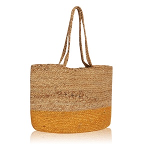 Grand sac de plage en paille de jute de luxe, forme seau, avec fond jaune et poignée longue pour le port à l'épaule, sac de shopping - Product Image 2
