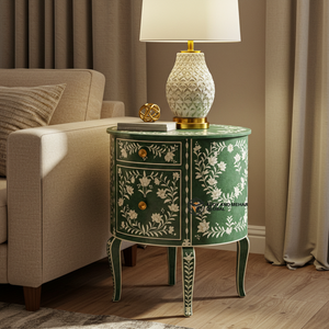 Mesita de noche con incrustaciones de hueso verde hecha a mano, mesita de noche con tres cajones y patrón floral - Product Image 1