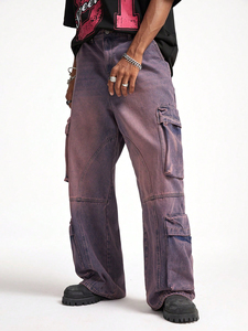 Salopette en jean pour homme, sur mesure, taille mi-haute, style tendance, décontractée, tricotée, lourde, multi-poches, délavée claire, rose net - Product Image 6