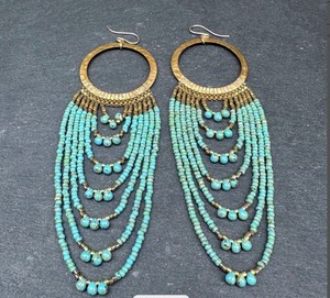 Looped Fringe Hoop <b>Earrings</b> in <b>Turquoise</b>, Long Seed Bead Beaded Hoop - Product Image 2