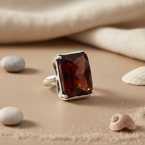 925 Silver <b>Adjustable</b> <b>Ring</b> with Garnet Gemstone Stylish Religious Statement Jewelry for Women Trendy Geometric Inlay Design - Product Image 2