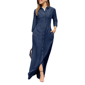 ชุดเดรสมิดิลำลองไซส์พิเศษ, ชุดเดรสผ้าเดนิมแขนยาวมีสายรัดตกแต่งทำจากผ้าเดนิมเนื้อผ้าธรรมชาติสีพื้นสำหรับฤดูร้อน - Product Image 4