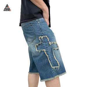 Shorts en jean vintage pour homme, broderie appliquée, cristal, Y2K, délavé, ourlet brut, streetwear, coupe régulière, écologique - Product Image 2