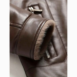 แจ็กเก็ตขี่มอเตอร์ไซค์หนังแท้สำหรับผู้ชายคอเสื้อลูกเรือคอปกเสื้อลำลองขนแกะสำหรับฤดูหนาวสีน้ำตาลเสื้อผ้าแบบพรีเมียม - Product Image 4