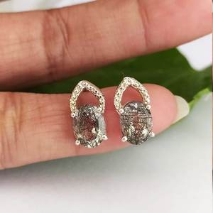 <b>Black</b> Rutile Quartz Stud <b>Earrings</b> 925 Sterling Silver 14K <b>Gold</b> Plated Vintage Style Handmade Gemstone Jewelry Gift - Product Image 3