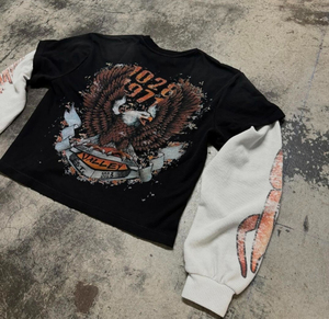 เสื้อยืดผ้าฝ้ายพิมพ์ลายแบบวินเทจสำหรับผู้ชายเสื้อวาฟเฟิลแขนยาวสองชั้นแบบขาดเป็นกรดทำจากหิน - Product Image 4