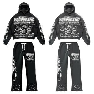 Usine bas prix strass lavage à l'acide Streetwear survêtement sérigraphie jogging vintage sweats à capuche et pantalon ensemble pour hommes - Product Image 1